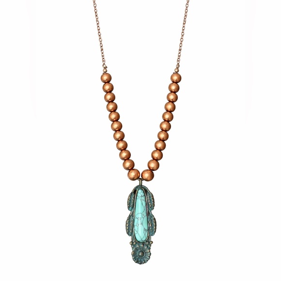 Lucky Brand Jewelry - Lucky You Turquoise Feather Pendant Necklace, Copper Beaded Boho Western style 🤎